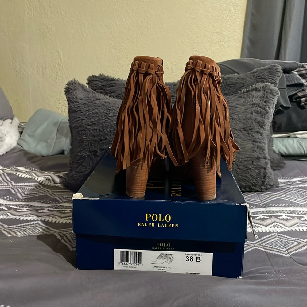 Polo by Ralph Lauren Brown Suede Fringe Heeled Ankle Boots - Picture 3 of 5